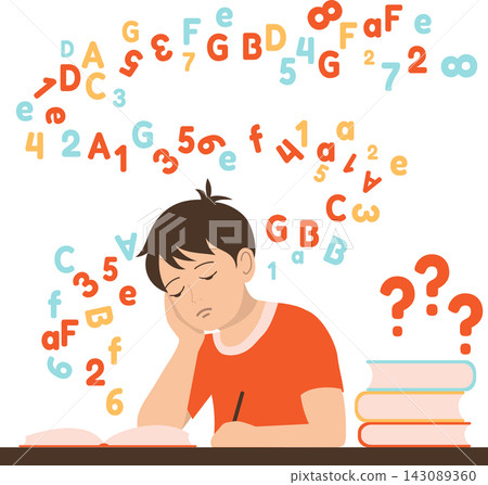 Dyslexia, school learning difficulty and disability concept. Neurodivergent boy with difficulty in reading. Letters, numbers and symbols mess. Dyslexia, school learning difficulty and disability concept. Neurodivergent boy with difficulty in reading. Letters, numbers and symbols mess. 143089360