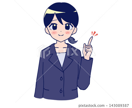 Gray suit woman, colored index finger pointing, idea, suggestion, business illustration material Gray suit woman, colored index finger pointing, idea, suggestion, business illustration material 143089387