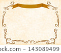 A framed illustration with a beige background, gold ribbon, and decorative border. 143089499