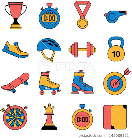 This image shows a grid of 16 colorful icons dedicated to sports and fitness This image shows a grid of 16 colorful icons dedicated to sports and fitness 143089531