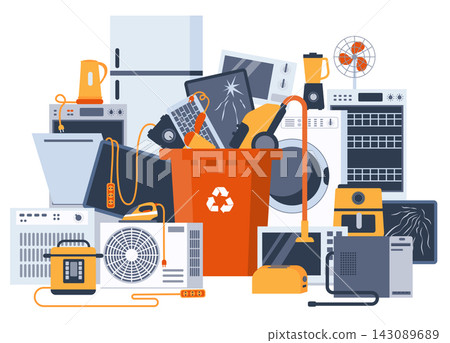 Large pile of broken household appliances doesn't fit into the recycling bin. Electronic waste recycling concept Large pile of broken household appliances doesn't fit into the recycling bin. Electronic waste recycling concept 143089689