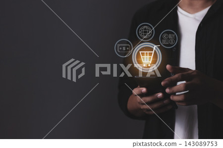 Young Man Hand Holding Smartphone With Online shopping, Mobile payment, Online payment, Digital, Bank account phone, Mobile banking payment concept Young Man Hand Holding Smartphone With Online shopping, Mobile payment, Online payment, Digital, Bank account phone, Mobile banking payment concept 143089753