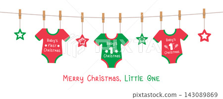 cute baby christmas greeting card with hanging bodysuits vector illustration cute baby christmas greeting card with hanging bodysuits vector illustration 143089869