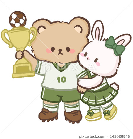 Cute Soccer Bear Holding Golden Trophy With White Bunny Cheerleader Celebrating Victory Kawaii Football Champion Sports Illustration Cute Soccer Bear Holding Golden Trophy With White Bunny Cheerleader Celebrating Victory Kawaii Football Champion Sports Illustration 143089946