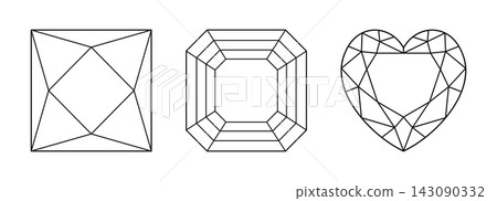 Asscher, Princess, Heart diamond cut shapes. Set of Gemstone outline simple icons for jewellery design, branding, packaging, logo. Princess, Heart, Asscher brilliant cut flat patterns. Asscher, Princess, Heart diamond cut shapes. Set of Gemstone outline simple icons for jewellery design, branding, packaging, logo. Princess, Heart, Asscher brilliant cut flat patterns. 143090332
