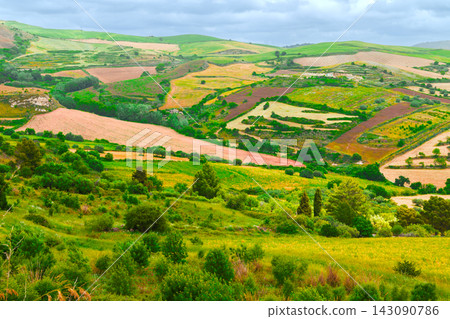 panoramic landscape vibrant patchwork cultivated farmland and lush green meadows under a soft cloudy sky in the countryside panoramic landscape vibrant patchwork cultivated farmland and lush green meadows under a soft cloudy sky in the countryside 143090786