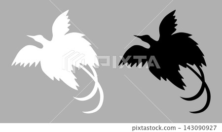 Raggiana Bird of Paradise in flight simple silhouette black, white icon, sticker, badge set. National flat emblem from flag of Papua New Guinea template. Raggiana Bird of Paradise in flight simple silhouette black, white icon, sticker, badge set. National flat emblem from flag of Papua New Guinea template. 143090927