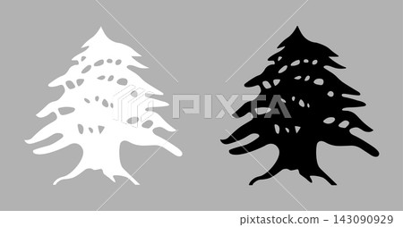 Cedar silhouette of Lebanon tree white, black flat icon, sticker, badge set. Symbol, emblem layouts from Lebanon national flag. 143090929