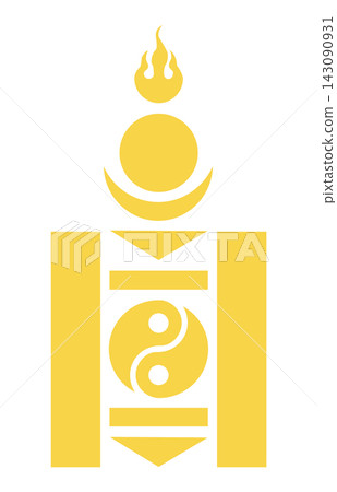 Golden Soyombo flat symbol is geometric abstraction fire, sun, moon, earth, water, Yin and Yang symbol representing two fish from national flag of Mongolia. 143090931