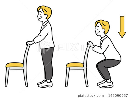 An illustration of a senior man doing squats while holding onto a chair. An illustration of a senior man doing squats while holding onto a chair. 143090967