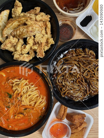 Spicy jjampong with seafood and noodles, savory jajangmyeon with rich black bean sauce, and crispy tangsuyuk in sweet and sour glaze. A perfect trio of bold flavors and satisfying textures. Spicy jjampong with seafood and noodles, savory jajangmyeon with rich black bean sauce, and crispy tangsuyuk in sweet and sour glaze. A perfect trio of bold flavors and satisfying textures. 143090980