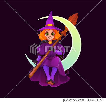 Cartoon young witch Halloween arcade game and scary holiday party character with curly red hair and purple costume sitting on glowing crescent moon, holding flying broom. Cute fantasy enchantress Cartoon young witch Halloween arcade game and scary holiday party character with curly red hair and purple costume sitting on glowing crescent moon, holding flying broom. Cute fantasy enchantress 143091158