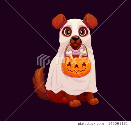 Cartoon dog, happy Halloween arcade game and scary holiday party character wearing ghost costume and holding pumpkin bucket with bones. Isolated vector trick or treat pep mascot for autumn celebration Cartoon dog, happy Halloween arcade game and scary holiday party character wearing ghost costume and holding pumpkin bucket with bones. Isolated vector trick or treat pep mascot for autumn celebration 143091181