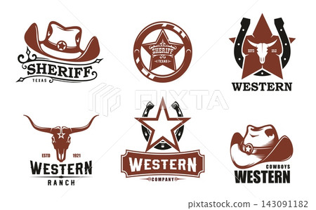 Western icons, vintage Wild West symbols with vector cowboy hats, Texas sheriff star badge, horse ranch horseshoe and longhorn bull skull isolated symbols set. Western rodeo and Wild West bar signs Western icons, vintage Wild West symbols with vector cowboy hats, Texas sheriff star badge, horse ranch horseshoe and longhorn bull skull isolated symbols set. Western rodeo and Wild West bar signs 143091182
