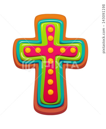Mexican dead day dia de los Muertos holiday biscuit cookie and cake shaped like a festive cross with bright green and red icing and dotted toppings. Cartoon vector baked Halloween treat, sugary pastry Mexican dead day dia de los Muertos holiday biscuit cookie and cake shaped like a festive cross with bright green and red icing and dotted toppings. Cartoon vector baked Halloween treat, sugary pastry 143091198