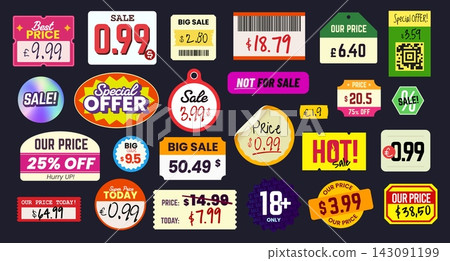 Peeled paper price stickers and discount sale retro tags, realistic tape badges, store sticky coupons with costs, percentages, barcode and QR code. Retro shop labels for special offer, clearance deal 143091199