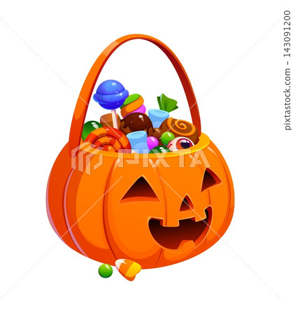 Cartoon Jack o lantern bucket filled with assorted Halloween sweets, treats, lollipops and candy. Vector orange pumpkin face with a wide smile, for autumn events and children trick or treat party Cartoon Jack o lantern bucket filled with assorted Halloween sweets, treats, lollipops and candy. Vector orange pumpkin face with a wide smile, for autumn events and children trick or treat party 143091200