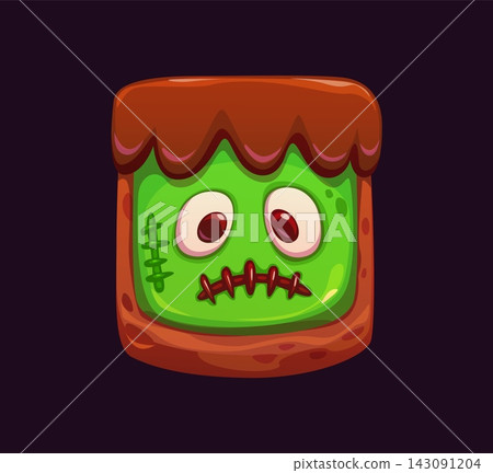 Cartoon scary Halloween sweet cookie with zombie face, stitched mouth, glassy eyes and chocolate frosting and green icing. Vector candy for seasonal party, cute scary monster face spooky pastry treat 143091204