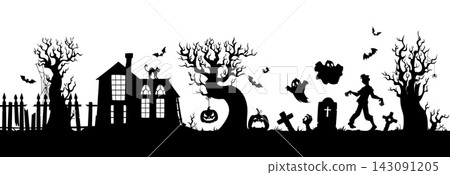 Abandoned village house and graveyard silhouette landscape, Vector Halloween holiday. Scary haunted house near cemetery with spooky Halloween pumpkins, ghosts ad zombie, bats, cat and tombstones 143091205