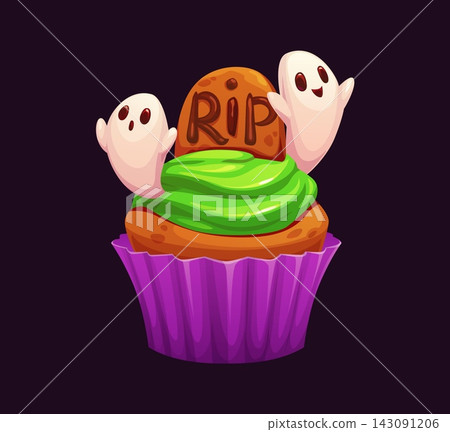Cartoon Halloween sweets scary candy, cupcake and cookie muffin with green icing, RIP tombstone and cute ghosts. Isolated vector spooky pastry treat for children, October party or autumn festival Cartoon Halloween sweets scary candy, cupcake and cookie muffin with green icing, RIP tombstone and cute ghosts. Isolated vector spooky pastry treat for children, October party or autumn festival 143091206