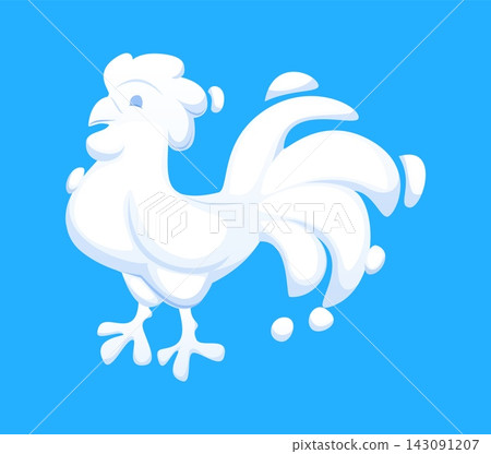 Chinese horoscope animal cloud in cartoon rooster bird shape with comb, curved beak, body and tail feathers. Isolated vector Lunar New Year zodiac cock character, calendar sign and fluffy icon Chinese horoscope animal cloud in cartoon rooster bird shape with comb, curved beak, body and tail feathers. Isolated vector Lunar New Year zodiac cock character, calendar sign and fluffy icon 143091207