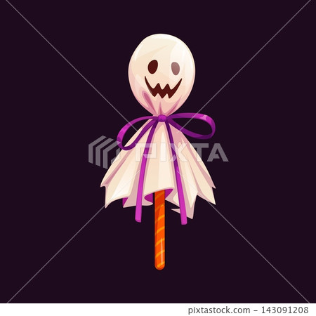 Cartoon Halloween sweets candy ghost lollipop with scary face, white wrapper and purple ribbon. Isolated vector spooky candy treat for children, October party, trick or treat and autumn festival 143091208