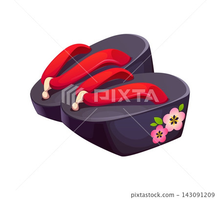 Cartoon traditional Japanese geta sandals with elevated soles and red thongs, culture and travel icon. Cartoon vector shoes decorated with pink cherry blossoms for summer festivals and kimono attire 143091209
