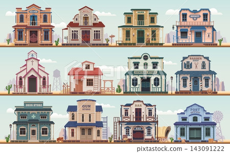 Western town buildings set of vector Wild West old saloon, bank and sheriff office. Cartoon Western town street with post office, church, barber shop and bar, hotel, ranch and farm house buildings Western town buildings set of vector Wild West old saloon, bank and sheriff office. Cartoon Western town street with post office, church, barber shop and bar, hotel, ranch and farm house buildings 143091222