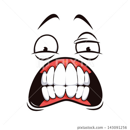 Funny cartoon face showing scared and panicked emotion. Groovy emoji character with asymmetric wide eyes and massive trembling mouth showing red gums. Vibrant expression emotion for kids education Funny cartoon face showing scared and panicked emotion. Groovy emoji character with asymmetric wide eyes and massive trembling mouth showing red gums. Vibrant expression emotion for kids education 143091256