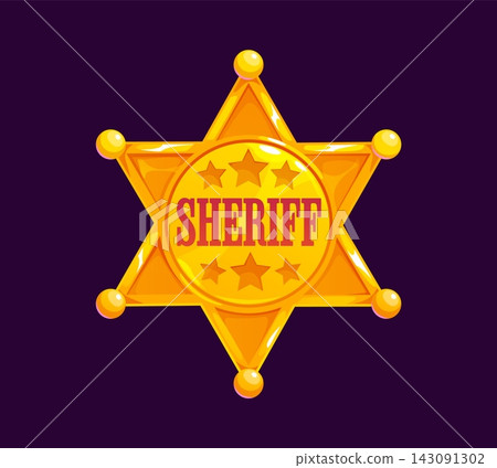 Wild West golden sheriff star badge with six pointed tips, ball ends, decorative small stars and bold red text. Cartoon western police officer star shield for cowboy party or Wild West game UI Wild West golden sheriff star badge with six pointed tips, ball ends, decorative small stars and bold red text. Cartoon western police officer star shield for cowboy party or Wild West game UI 143091302