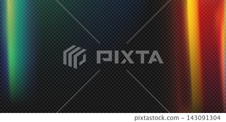 Retro light leak camera film effect background, lens flare overlay vintage photo filter. Abstract transparent bg with blue green and red orange gradient light leak camera film effect edges 143091304