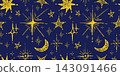 Golden star pattern with grunge crayon spark textures. Hand drawn celestial design with rough strokes and vintage artistic details 143091466