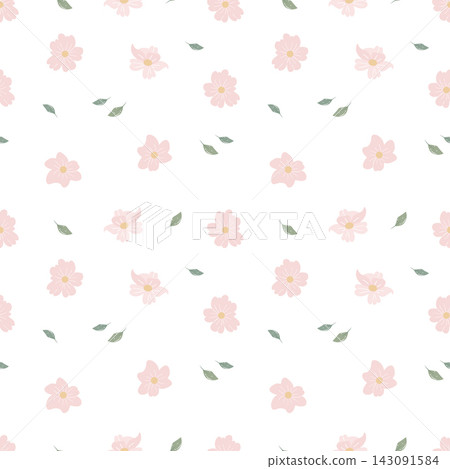 Seamless pattern with small pink flowers and scattered leaves. Floral rustic background, print, textile, Seamless pattern with small pink flowers and scattered leaves. Floral rustic background, print, textile, 143091584