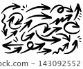 Set of doodle arrow symbols with brush stroke texture for design elements 143092552