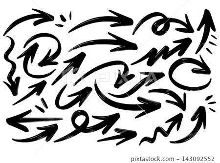 Set of doodle arrow symbols with brush stroke texture for design elements Set of doodle arrow symbols with brush stroke texture for design elements 143092552