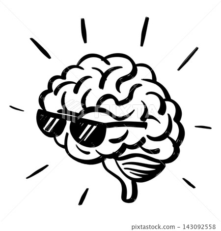 Human brain wearing sunglasses line art illustration, cool brain cartoon vector, smart creative concept isolated on white background 143092558