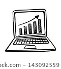 Hand drawn line art laptop computer with sales growth chart on screen vector isolated on white 143092559