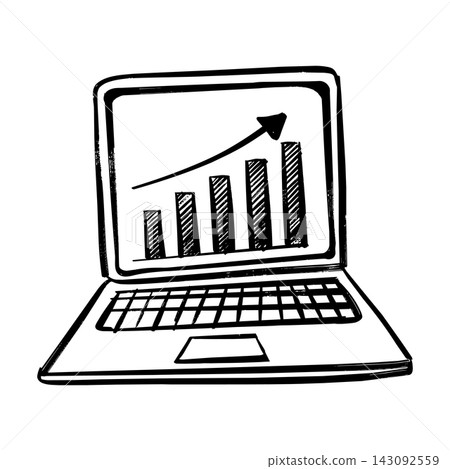 Hand drawn line art laptop computer with sales growth chart on screen vector isolated on white Hand drawn line art laptop computer with sales growth chart on screen vector isolated on white 143092559