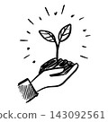Sketch vector of human hand holding small green plant sprout growing from dirt 143092561