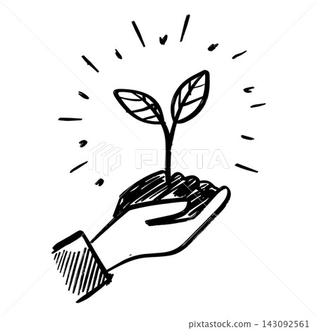 Sketch vector of human hand holding small green plant sprout growing from dirt 143092561
