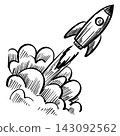 Hand drawn rocket ship launch sketch with fire smoke isolated on white background 143092562