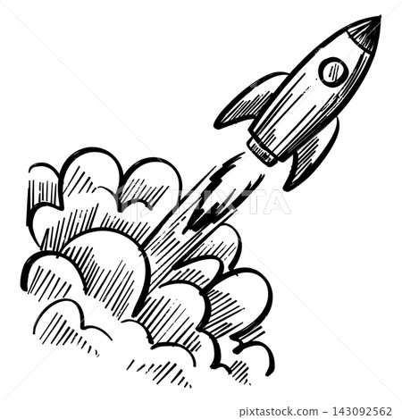 Hand drawn rocket ship launch sketch with fire smoke isolated on white background Hand drawn rocket ship launch sketch with fire smoke isolated on white background 143092562