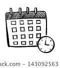 Hand drawn calendar page with clock icon vector sketch for time management 143092563