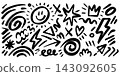 Hand drawn ink doodle set with fun scribbles lines abstract shapes and symbols on white background 143092605