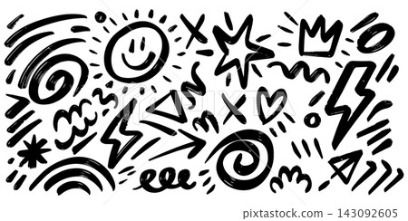 Hand drawn ink doodle set with fun scribbles lines abstract shapes and symbols on white background Hand drawn ink doodle set with fun scribbles lines abstract shapes and symbols on white background 143092605