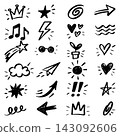 Minimalist black ink doodle set with arrows hearts stars music notes plant crown and decorative symbols 143092606
