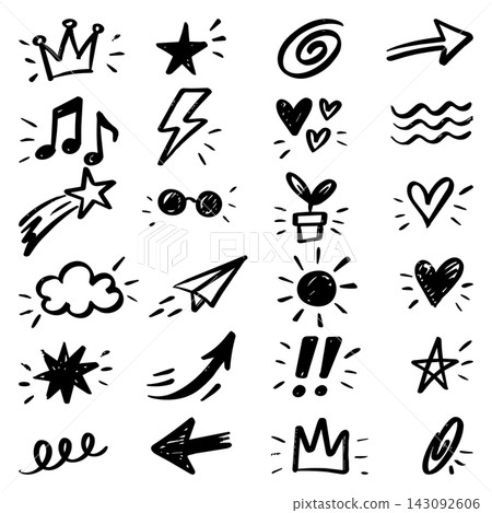 Minimalist black ink doodle set with arrows hearts stars music notes plant crown and decorative symbols Minimalist black ink doodle set with arrows hearts stars music notes plant crown and decorative symbols 143092606
