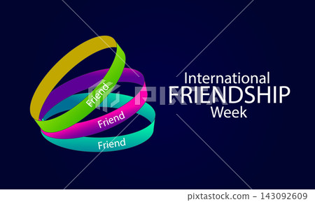 International Friendship Month Poster Banner and Background Design Template Featuring People Holding Hands, Heart, and Globe Illustration for Unity, Friendship Celebration, and Global Connection Theme 143092609