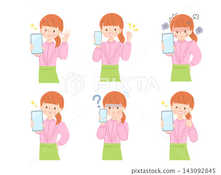 一組插圖,描繪了一位時尚女性展示智慧型手機螢幕時的面部表情。 一組插圖,描繪了一位時尚女性展示智慧型手機螢幕時的面部表情。 143092845