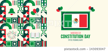 Mexico Constitution Day Poster Banner and Background Design Template Featuring 1917 Constitution Scroll Eagle Cactus Flag Tricolor Ribbon Illustration for February 5 Civic Celebration Theme Mexico Constitution Day Poster Banner and Background Design Template Featuring 1917 Constitution Scroll Eagle Cactus Flag Tricolor Ribbon Illustration for February 5 Civic Celebration Theme 143093047